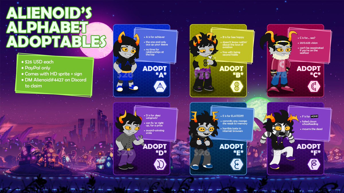 AlienoidNovace's tweet photo. I made 26 alphabet-themed fantroll adoptables. $26 USD each, DM Alienoid#4427 on Discord to claim!
These bullet points are just to get you started and can be changed freely, but I'd prefer it if the designs stayed the same.
#homestuck #fantroll #adoptable #trollcall https://t.co/JMTY3LGXwG