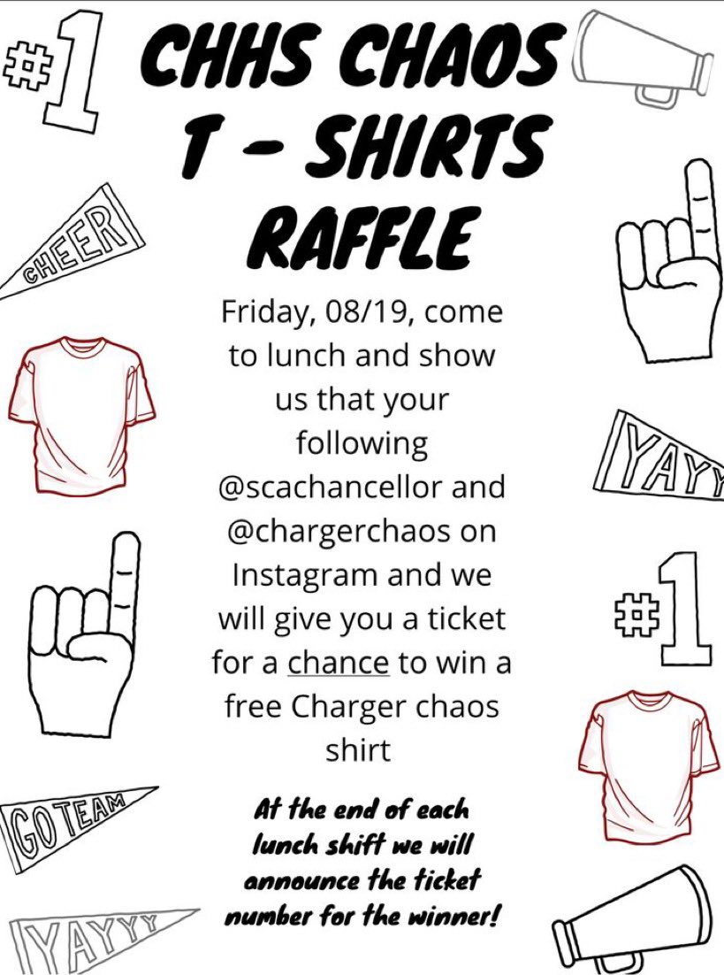 Charger Chaos T-Shirt raffle! This Friday 8/19 during your lunch!🎟 
<a href="/ChanAthletics/">Chancellor Athletics</a> <a href="/ChargerChaos/">Charger Chaos</a>