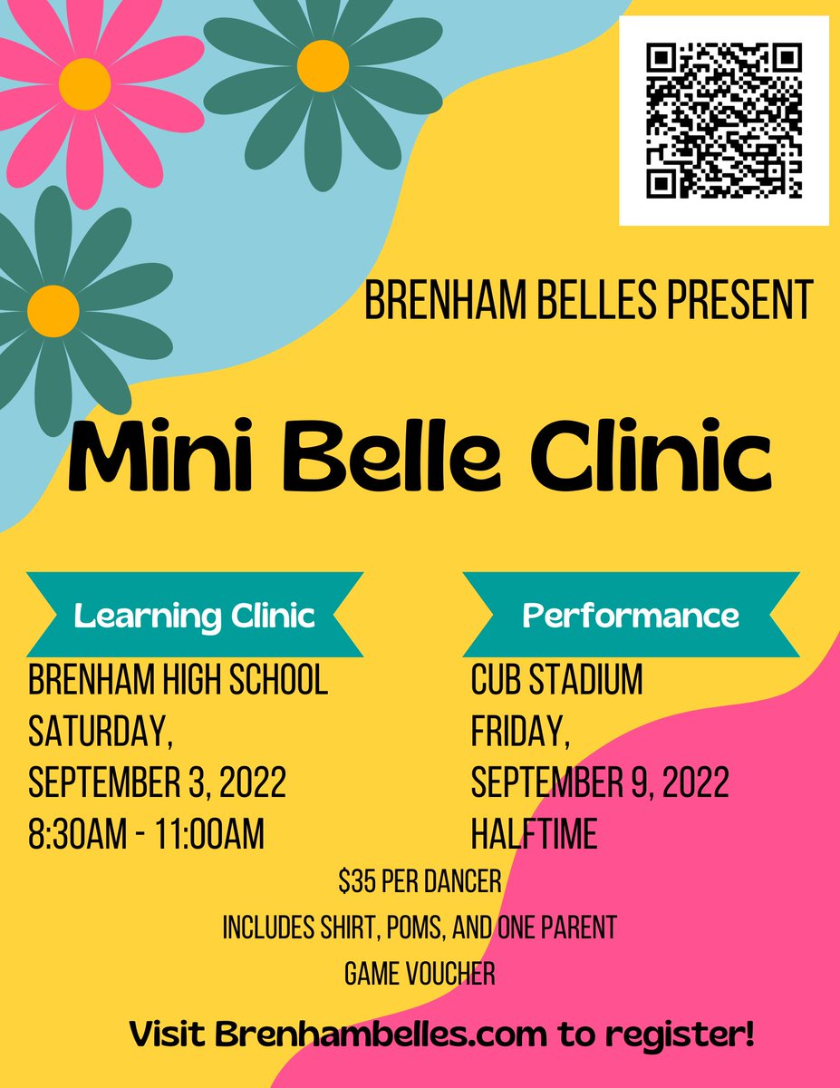 Calling all Mini Belle's! Sign up today for the Mini Belle Clinic happing early September! Scan the QR Code or click the link: brenhambelles.com/mini-belle-cli…