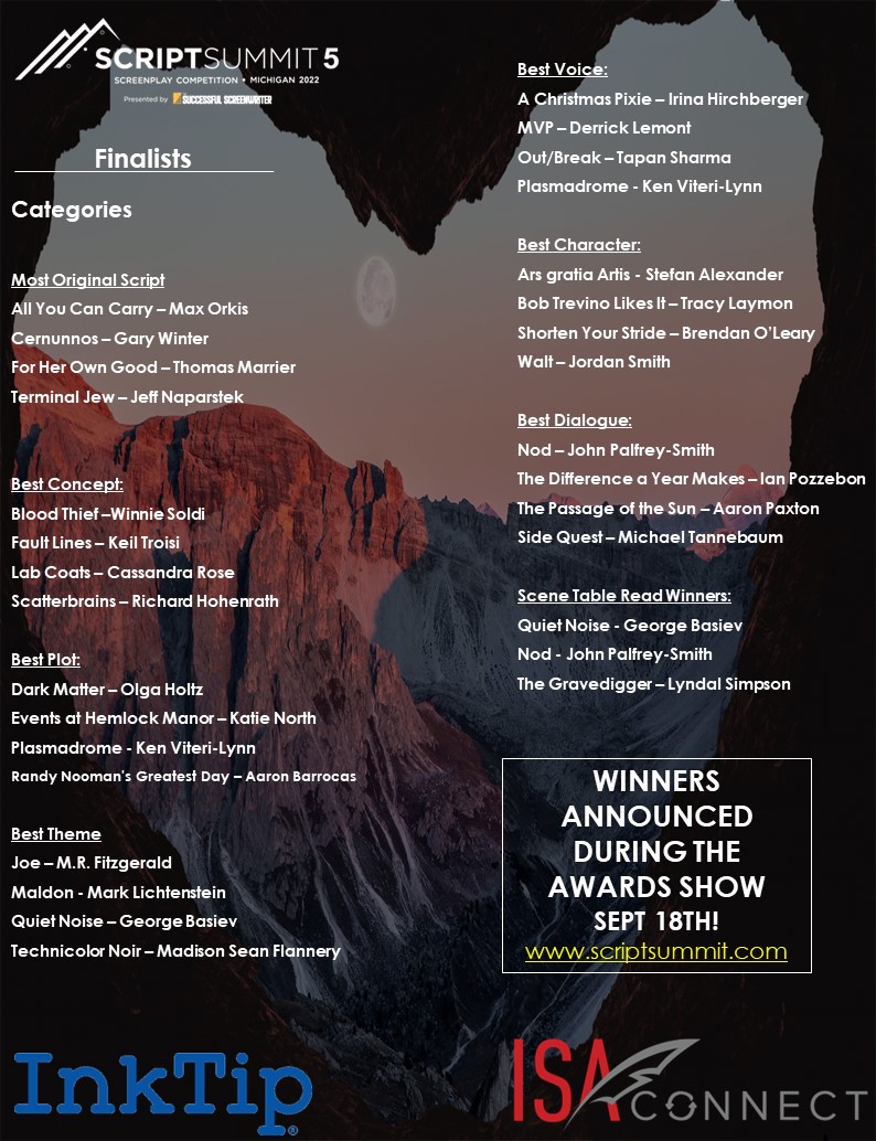 ScriptSummit's tweet photo. Congratulations to our Finalists!!! Winners announced at the awards show Sept 18th. Sign up for our seminars and workshops at the Summit. Official Selections and Finalists get a free pass! https://t.co/nohVOU8phV https://t.co/BdmFBXCOYP
