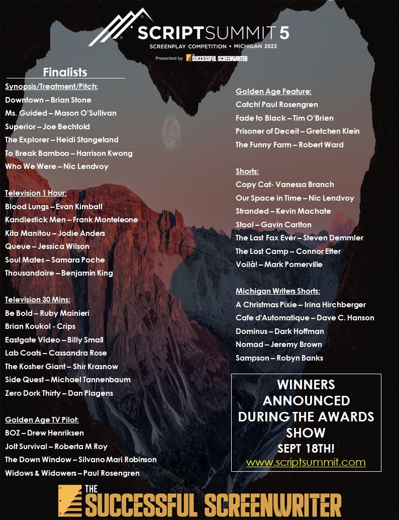 ScriptSummit's tweet photo. Congratulations to our Finalists!!! Winners announced at the awards show Sept 18th. Sign up for our seminars and workshops at the Summit. Official Selections and Finalists get a free pass! https://t.co/nohVOU8phV https://t.co/BdmFBXCOYP