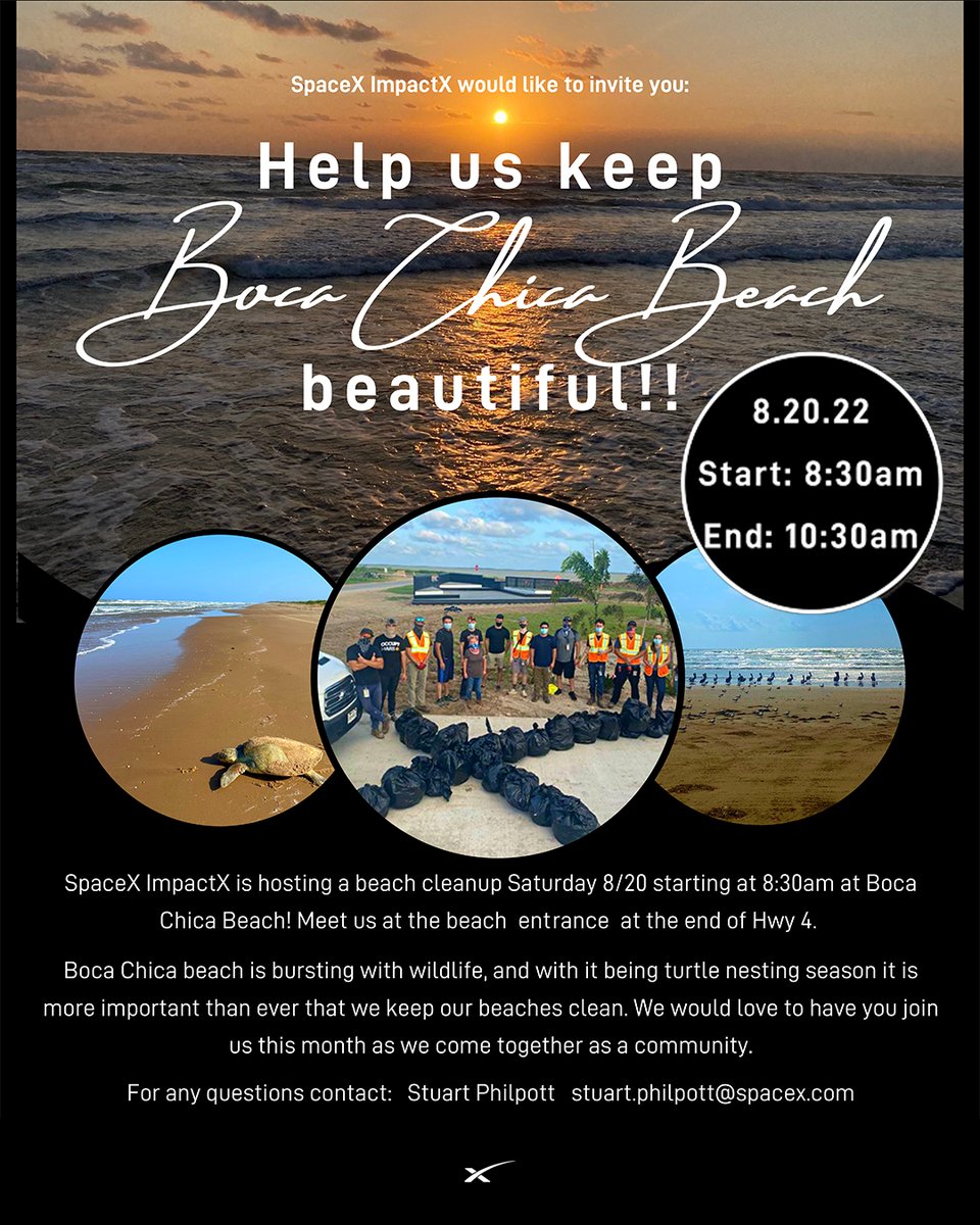 BTXParks's tweet photo. #SpaceX #ImpactX is hosting a beach cleanup THIS Saturday August 20 at #BocaChicaBeach!
To be a part of this, meet up is at beach entrance located at the end of Hwy 4. Be there at 8:30 a.m.
Contact: Stuart Philpott via email at stuart.philpott@spacex.com https://t.co/cXRqYvBrds
