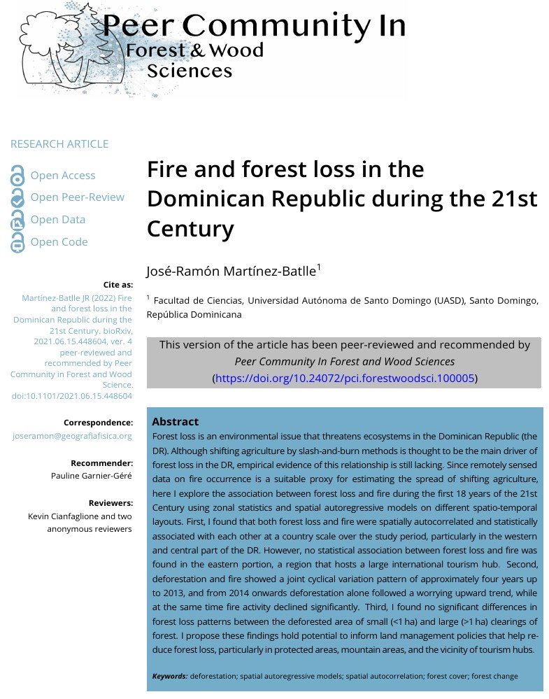 geografiard's tweet photo. 🚨🚨NUEVO ARTÍCULO🚨🚨 "Fuego y deforestación en República Dominicana durante el s. XXI" (2001-2018). Este trabajo es singular por dos razones: 1) El tipo de estudio y sus preocupantes resultados; 2) El proceso de publicación con @PeerCommunityIn https://t.co/5j9VDz8iax https://t.co/MslUyphmWR