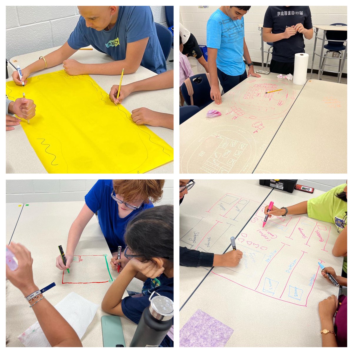 TFY77's tweet photo. On level bio working to design a city that could withstand a zombie apocalypse. Peer feedback offered for improvement & ideas. Next up, make final copies with analogies to cell parts & how the different cell parts work to defend against outside invaders! #biology #storylining https://t.co/dHbkONYMPo
