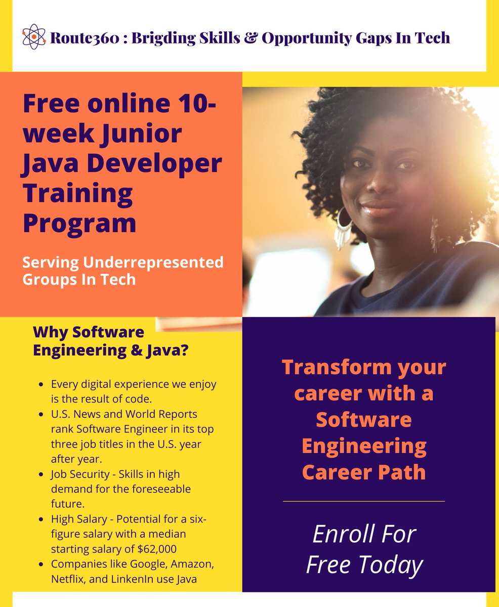 teneikaask_you's tweet image. Route360 has a FREE Junior Java Developer training program🎉 It's a 10-week immersive coding boot camp! You'll leave with a portfolio &amp;amp; group project!
route360inc.org/junior-java-de…
📅Starts 9/12
🚀Learn CompSci fundamentals, dev best practices
📝Version control, code review
📚 Agile!