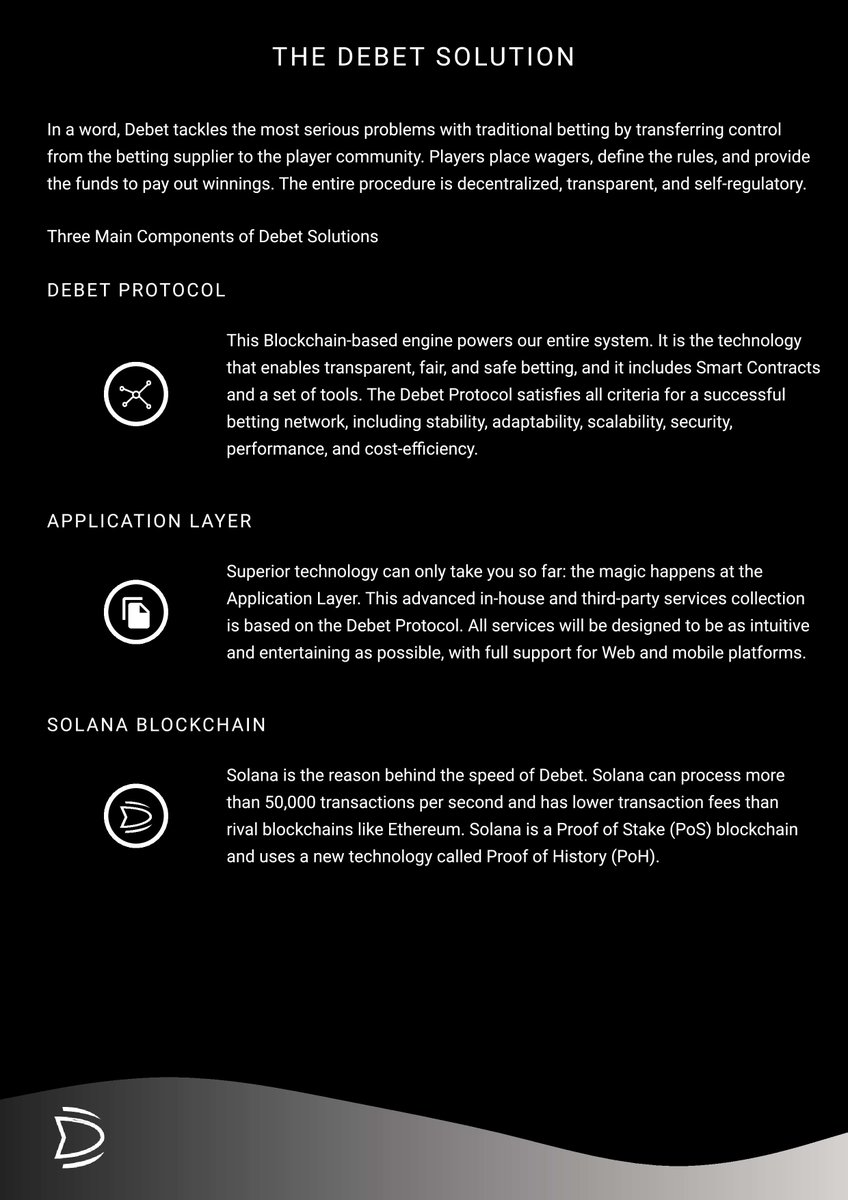 debetgaming's tweet photo. quick overview from our whitepaper...

the debet platform will be free to use around the world and utilizes Solana🤍to address the major concerns of crypto betting. welcome debettors and we're almost there Origins! https://t.co/vr9ExtW7Q7