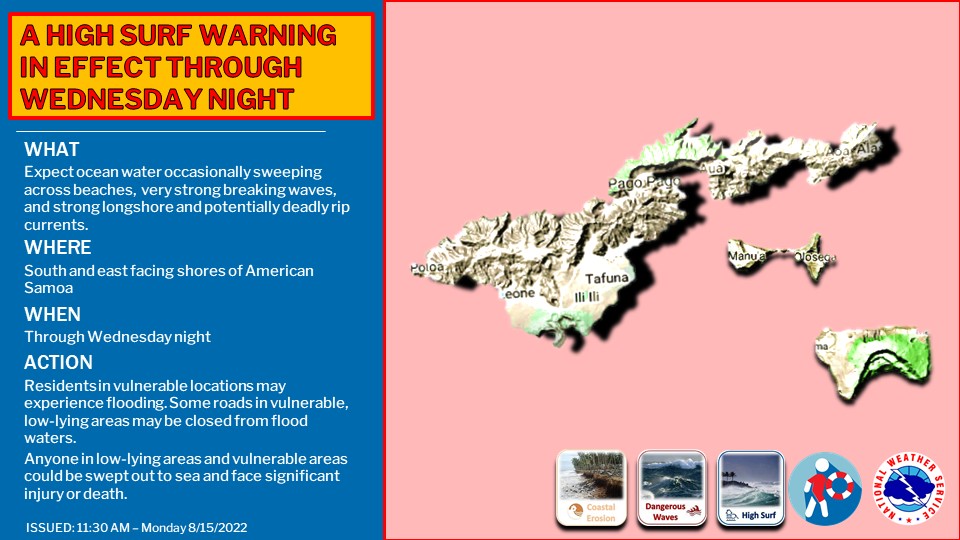 A ⚠️High Surf Warning⚠️ is now in effect through Wednesday night. Impact level: Moderate (level 2 out of 3). Surfs of 15 to 18 feet are ongoing. Please stay safe and weather aware American Samoa!! 🌊🦺🏊