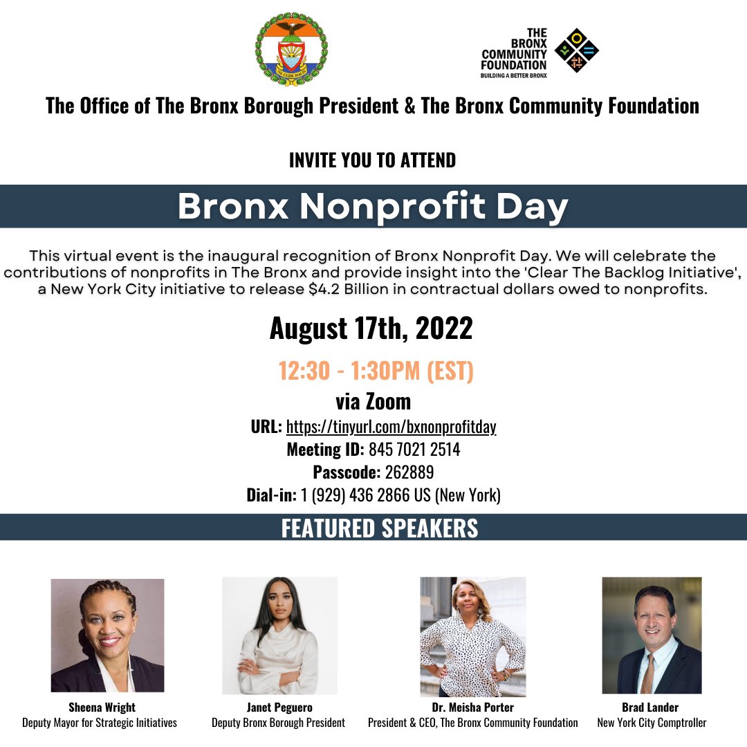 Dr. Meisha Porter (@meishaporter) on Twitter photo Looking forward to celebrating the work of Bronx Nonprofits on 8/17 National Nonprofit Day. Honoring the folks who do the most profitable work. @Vanessalgibson <a href="/SheenaWrightNYC/">Sheena Wright</a> <a href="/jpegnyc_/">Janet Altagracía</a> <a href="/bradlander/">Brad Lander</a> Looking forward to celebrating the work of Bronx Nonprofits on 8/17 National Nonprofit Day. Honoring the folks who do the most profitable work. @Vanessalgibson <a href="/SheenaWrightNYC/">Sheena Wright</a> <a href="/jpegnyc_/">Janet Altagracía</a> <a href="/bradlander/">Brad Lander</a>