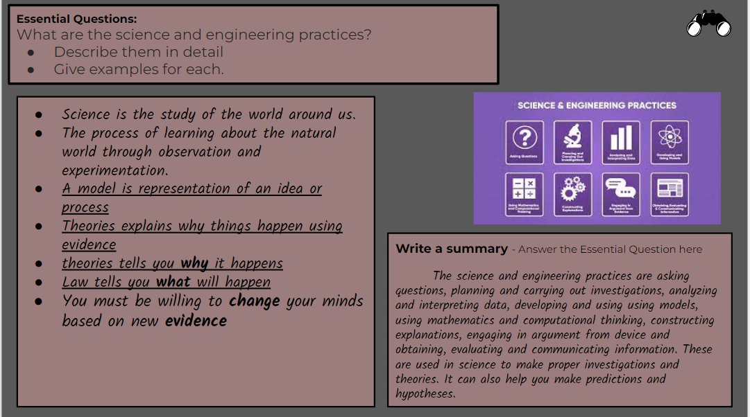 arianakhern's tweet photo. Science & Engineering Practices #ironchef. In groups, Ss used a video to gather info on each of the 8 #SEPs, then compared notes. Tmw, we will break down each SEP on Vocab #Frayers, using this IC as a resource.
#Studentgeneratedresources #4Cs #sciencenotes #EDUprotocols https://t.co/ksMZj9JUiF