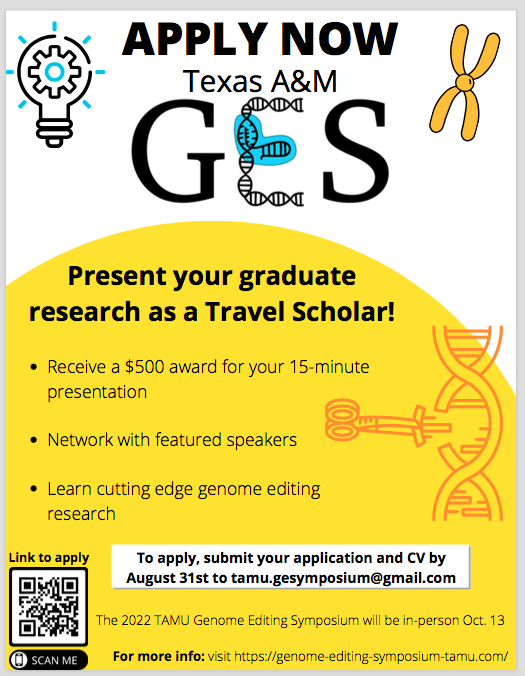 GE_TAMU's tweet photo. Applications are open if you are a Grad Student from any U.S institution conducting research in genome editing,  delivery method optimization, gene function analysis, crop improvement and other relevant science across the tree of life. 
Check the website for more info! https://t.co/YUCDi4D6LK