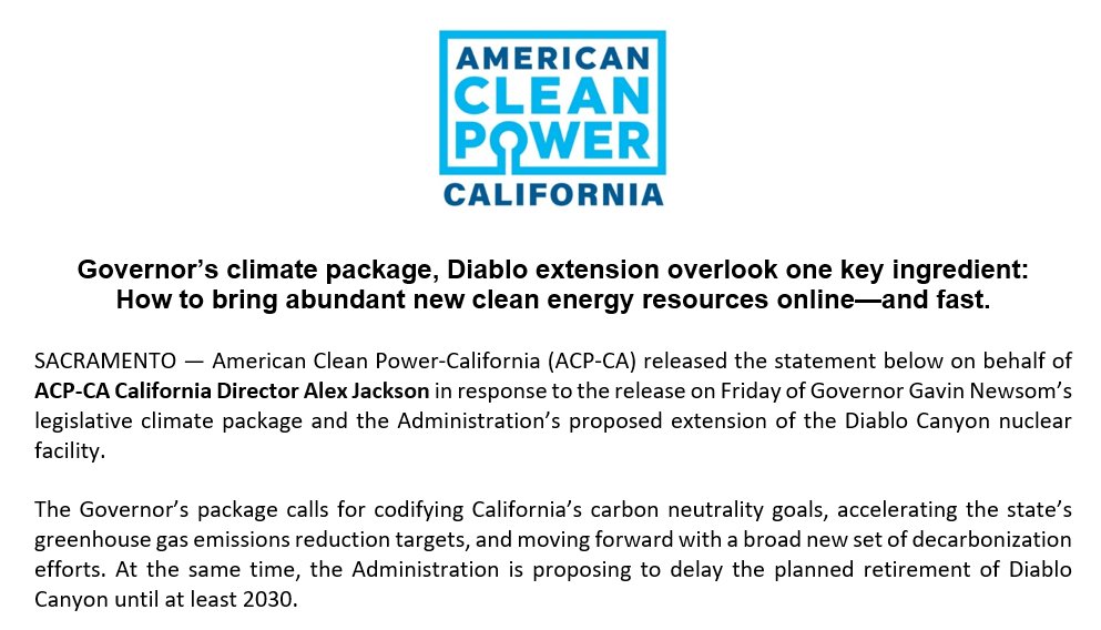 CleanPowerCA's tweet photo. .@GavinNewsom's #ClimatePackage & proposed extension of #DiabloCanyon is missing one major element of a 'Marshall Plan' for #CleanEnergy: A roadmap for bringing the huge amounts of affordable, reliable #CleanPower available now online.
Our statement: ▶ https://t.co/OaD6Qid46u https://t.co/fe3hJC6wb0