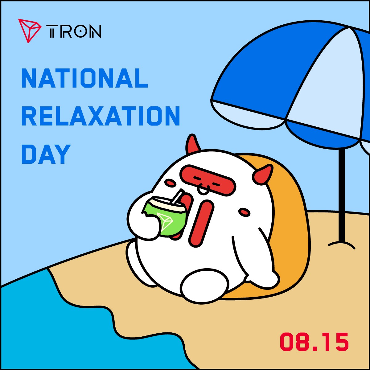 trondao's tweet photo. 😌 #TronBull is celebrating #NationalRelaxationDay on the 
beach 🏖 enjoying an ice cold 🧊 coconut drink 🥥 🌴 in the sun 🌅

He's taken the day off to relax a bit while the #TronStrong💎 team remains hard at work! 💪

How will you be relaxing today?☀️
#crypto #blockchain 🚀 https://t.co/zHMKdSilAF
