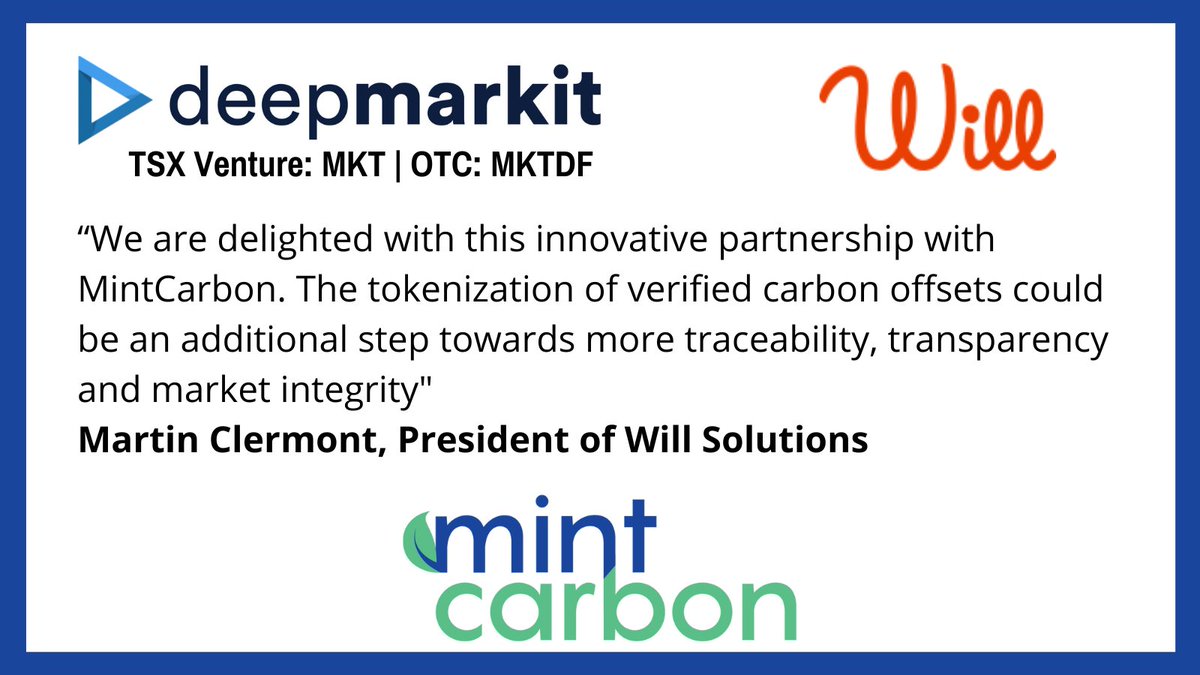 DeepMarkit's tweet photo. DeepMarkit Announces Inaugural Purchase Order for Tokenization of 150,000 Carbon Offsets with WILL Solutions 

DeepMarkit is a publicly listed company with shares listed in Canada (TSX-V: $MKT) and the U.S. (OTC: $MKTDF) @MintCarbon 

https://t.co/ZMeXwgLBlR https://t.co/Kv3GlGrIEs