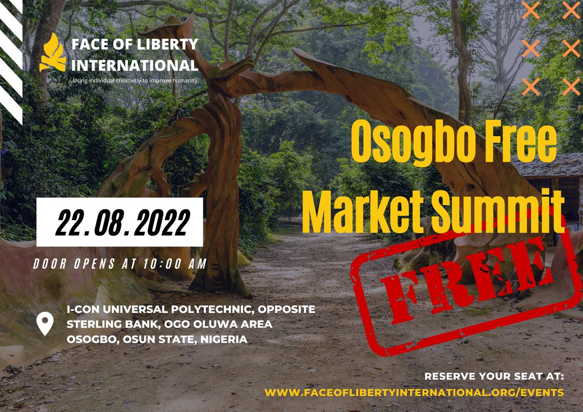faceoflibertyhq's tweet photo. Introducing Osogbo Free Market Summit

Do you know that it is not advisable to depend only on Academics?

If you are still a student, it's important you have entrepreneurial skills that fetch you money. https://t.co/2ERG8UG8FL
