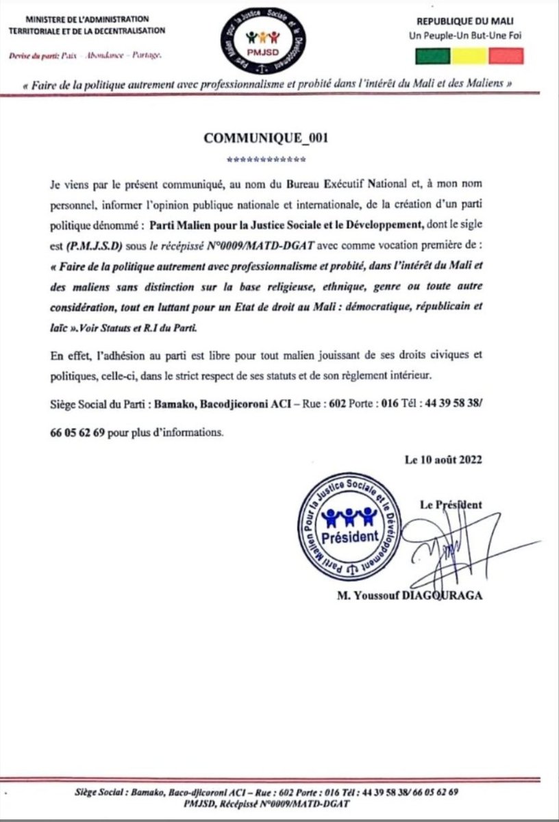PMJSD22's tweet photo. #Mali 
#PMJSD
Concernant l'adhésion au parti:

Celui qui veut être membre, qu'il envoie une photo de sa carte NINA, en indiquant le nom de son quartier et son numéro de téléphone pour le recontacter plus tard...

Vous pouvez contacter le 76056269
76617930
44395838 https://t.co/Pfxd3uGuZq