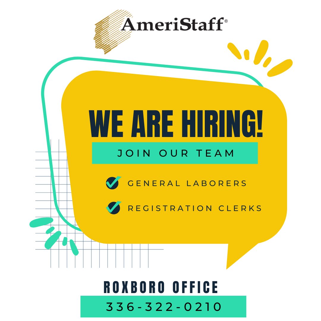 AmeriStaff's tweet photo. Our Roxboro office is hiring!!! We’re looking for general labors and registration clerks. Interested? Call us at 336-322-0210 to apply! #nowhiring #applytoday #AmeriStaff https://t.co/lpd7RQpdjQ