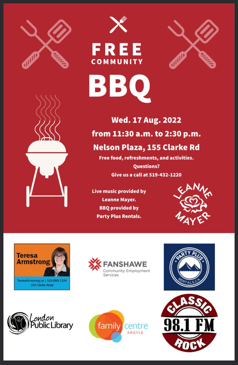 Hear good music and enjoy a free lunch at this Community BBQ this Wednesday from 11:30 a.m. to 2:30 p.m.!! 😀 BBQ is being hosted by Community Employment Services Fanshawe!! (Plaza at Clarke &amp; Trafalgar) #ldnont