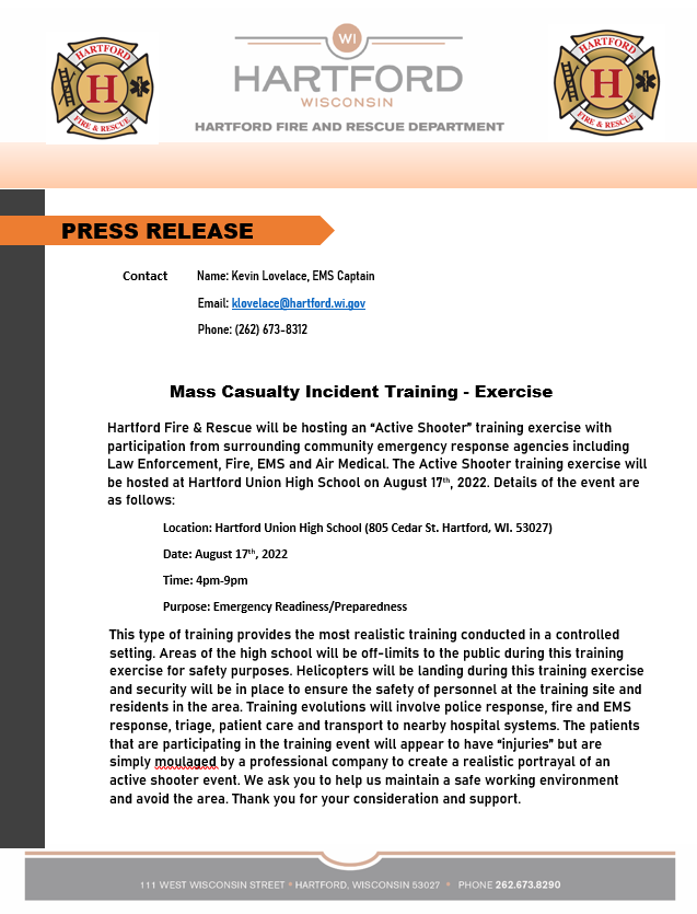 HUHS_Athletics's tweet photo. Hartford Fire and Rescue will be hosting a mass casualty incident training exercise at Hartford Union High School this Wednesday, August 17, from 4:00-9:00pm. Again, this is only a training exercise. https://t.co/JyeikWjlEM