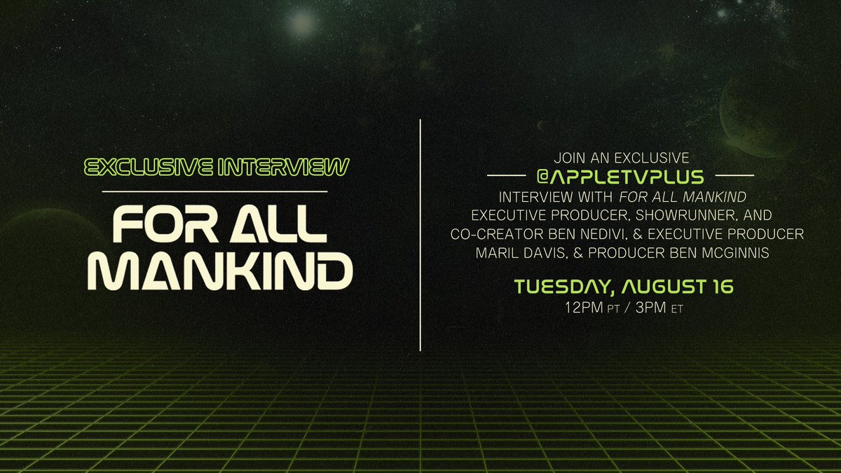 Discover what goes on behind the scenes of #ForAllMankind in an exclusive @appletvplus interview with executive producer, showrunner and co-creator @bennedivi; executive producer @TallShipProds; & producer @bengmcg, August 16 at 12pm PT/3pm ET.
