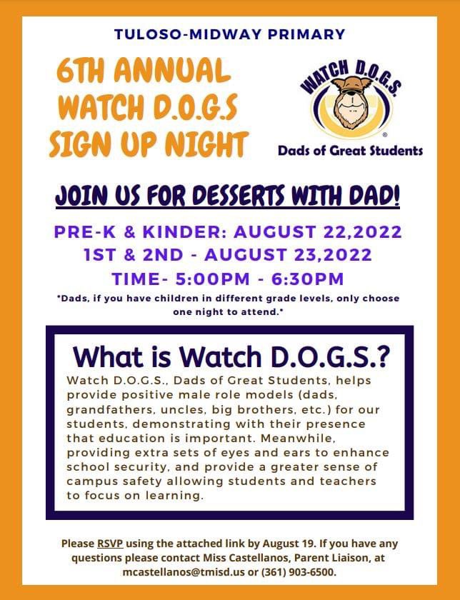 Calling all Dads!  We would love for you to volunteer at TM Primary. Make plans to attend our Watch D.O.G.S. Sign Up Night to learn how you can make a difference in our school.  Please click on the link to RSVP: forms.gle/SG5VjmuY2GymSZ…