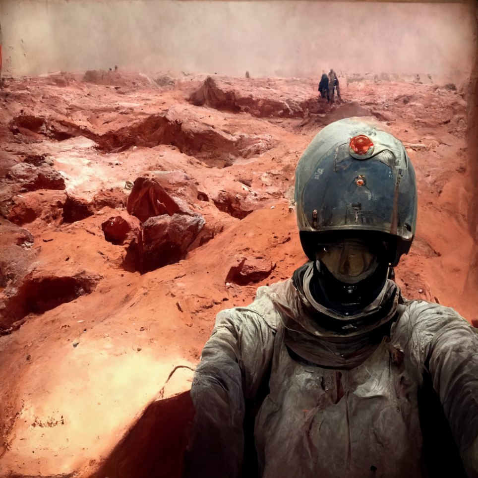 Xavimm's tweet photo. @clairesilver I believe we were born to explore, and that human race has no future if it doesn't go to space. 

I asked the AI to imagine "The first human selfie on Mars". So far, we still don't know when, but we can imagine how. #ClaireAIContest https://t.co/vnrhRsKl6O