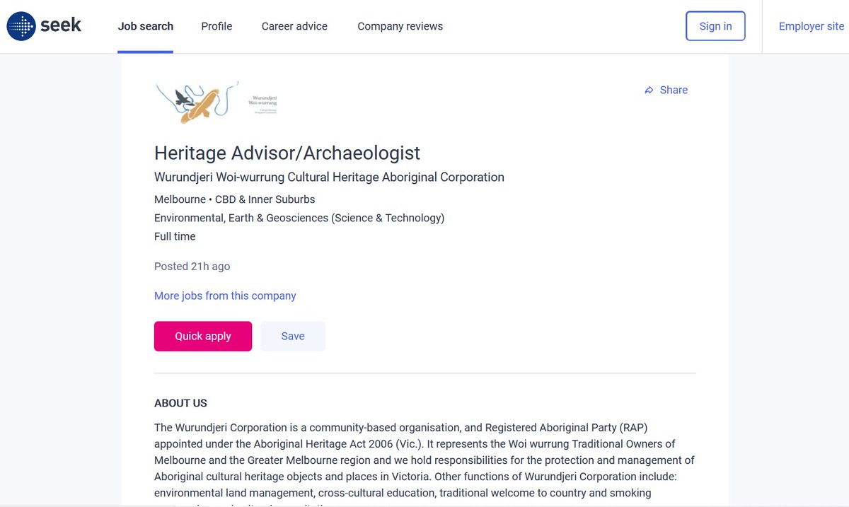 Come and work at Wurundjeri Aboriginal Corporation as a Heritage Advisor/Archaeologist! Job alert 🚨 Link: seek.com.au/job/58107160?t… #archaeology #culturalheritage