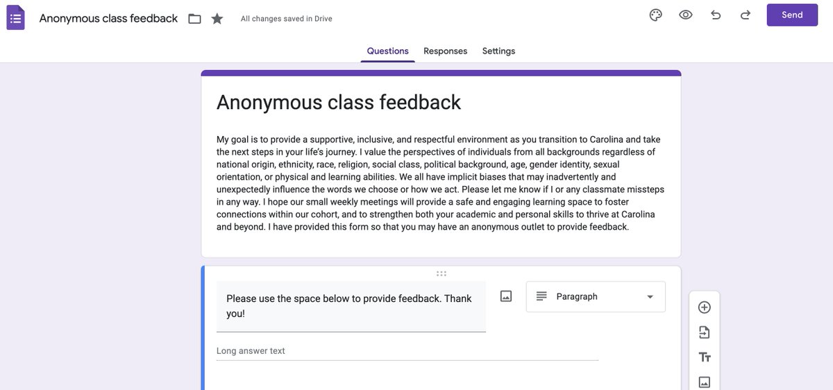 vijisathy's tweet photo. Consider offering an anonymous format for feedback from students. Here is an example of a google form that describes an intent to create an inclusive environment. p.s. You can choose to get an email notification if there are submissions. https://t.co/pSHYGtS1Y7