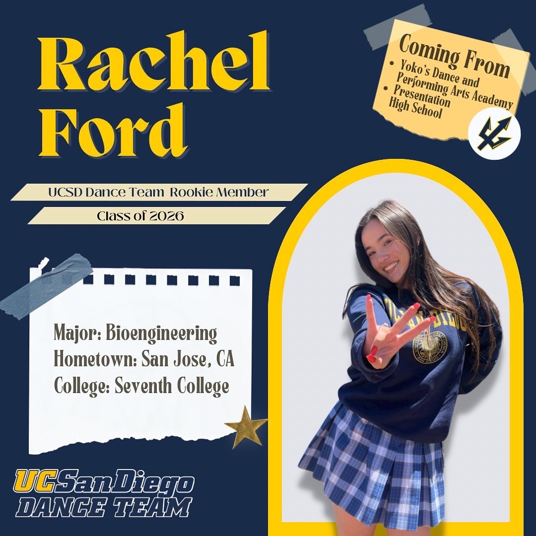 UCSDDanceTeam's tweet photo. 💙MEET THE TEAM: RACHEL💛
Our last freshman spotlight! We are so excited to have Rachel on the team this year! Check out our Instagram because she’s taking over our story today!!🔱 https://t.co/iVTiN9PH3l