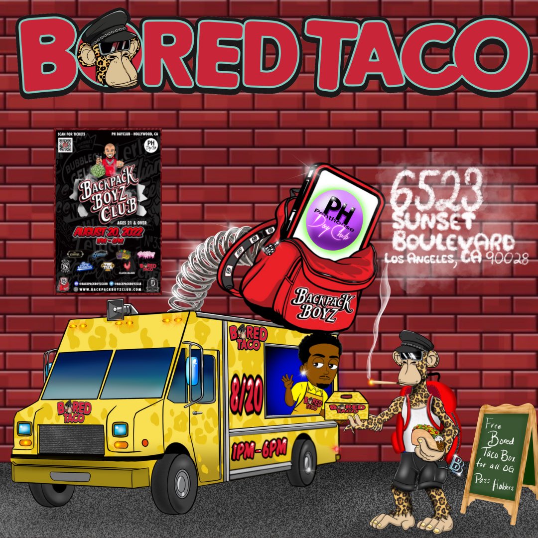 backpackboyzclb's tweet photo. Tacos &amp; Cannons?👀

@theboredtaco will be at our 8/20 Members Welcome Party with some free tacos for all @backpackboyzclb holders 🔥🎒

@champmedici is bringing the Tacos, @quesada925 is bringing the Cannons, all you need to bring is yourselves!

Tickets⬇️
https://t.co/dKvWC8cJ6B https://t.co/sZBgEZzSS2