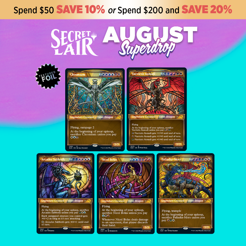 wizards_magic's tweet photo. Stained-glass card styles are ready to glow! These dragons look sharp and are ready give you an edge. Get them in your hands first and preorder the August Superdrop today!