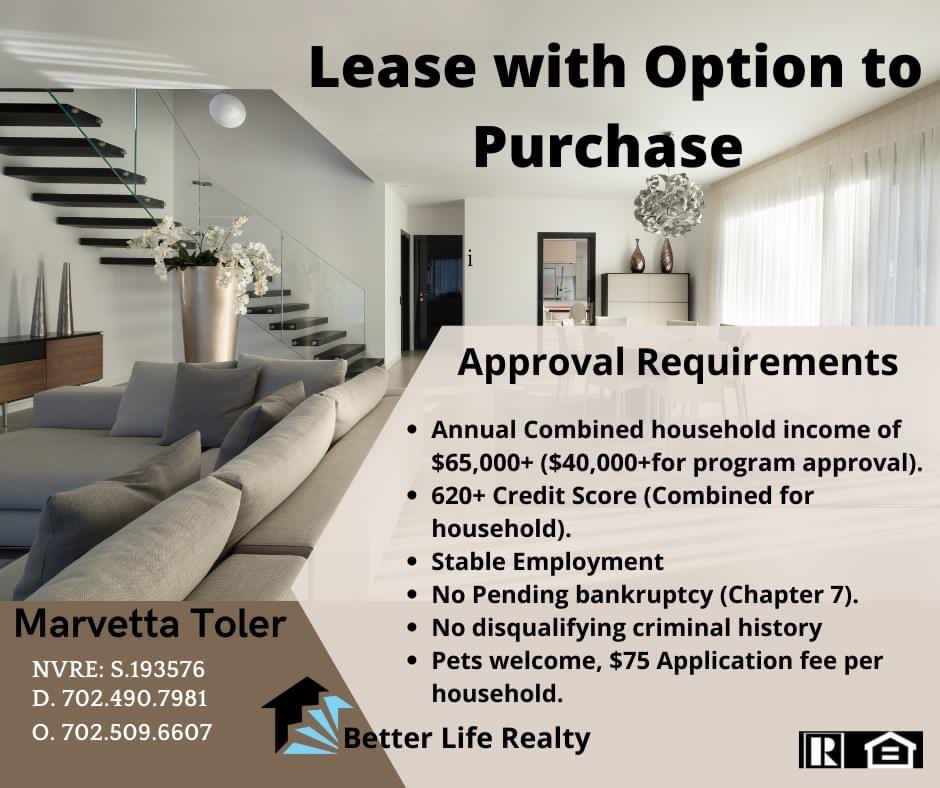 TipswithToler's tweet photo. Move in within 30-45 days. If the home value appreciates above the price each year and you choose to purchase it, you realize a financial benefit. If the value of the home declines, you can walk away without penalty.

Marvetta Toler
Better Life Realty
NVRE: S.193576
702.509.6607 https://t.co/ObFl9gVoeJ