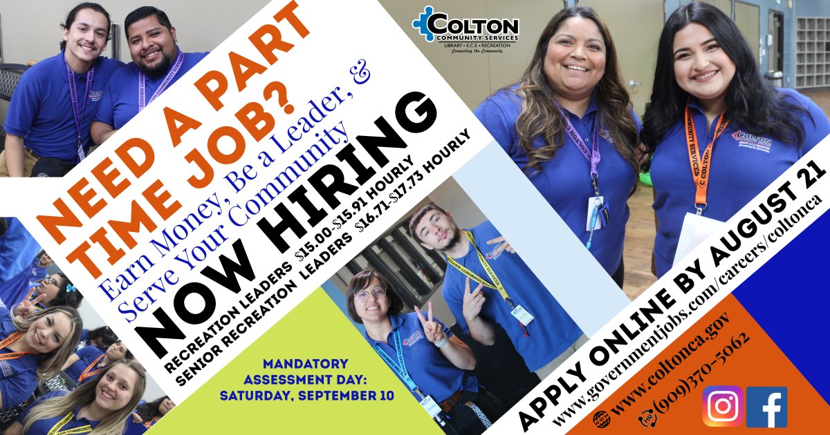 Colton_HR's tweet photo. The City of Colton is currently recruiting for Part-Time recreation positions in our Community Services Department. Please visit https://t.co/hzZwFyvrfZ to apply and review the minimum qualifications. #cityofcolton #colton #jobs #recreation #hiring https://t.co/2LnxcMvnCP