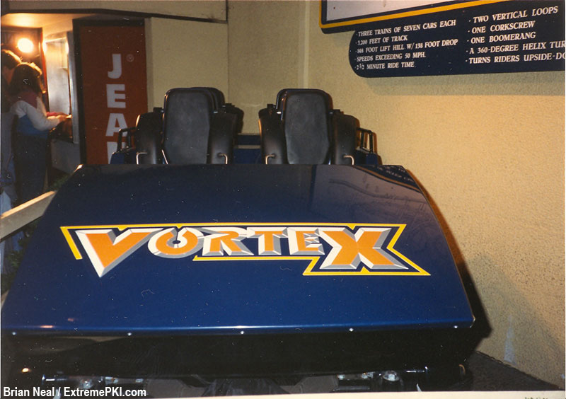 KIHistory's tweet photo. Before opening in 1987, Vortex's lead car was displayed at 1986's Winterfest. A similar display was presented three years earlier for King Cobra. Both roller coasters have since been removed from Kings Island. (📸: Brian Neal / KIExtreme, 1986) https://t.co/lJhjhrK08E
