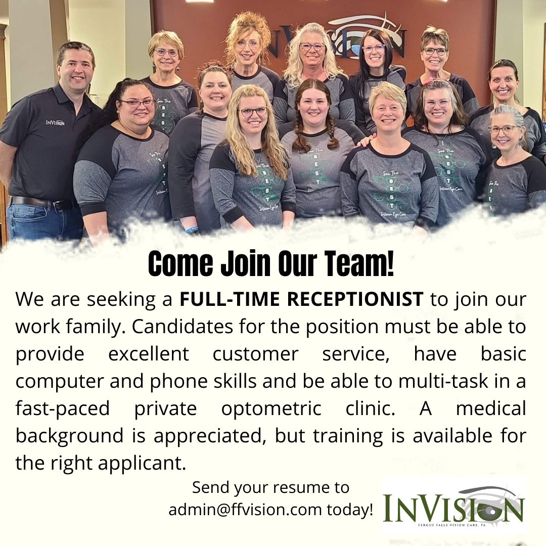 We are looking to add a FULL-TIME Receptionist to our office.  If you are interested in joining our team, send in your resume to admin@ffvision.com today!

#ffvision #jobopening #jobopeningfergusfalls #fergusfallsjobs #joinourteam