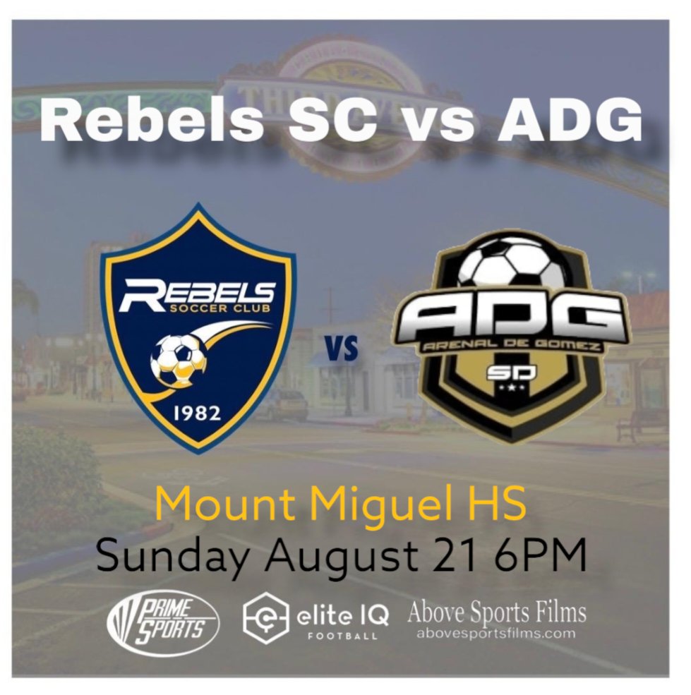 ⚠️ NEW UPDATED GAME DAY ⚠️ 

☢️ PRESEASON ACTION ☢️

🗓 Sunday August 21st
🆚 ADG 
🏟 Mt. Miguel High School
🕐 6:00 PM PT
📺 TBD 
🎟 $7, $5 for Veterans and kids under 10
#Rebels #Rebelssc #RebelsUnited #ChulaVista #OurCity #UPSL
