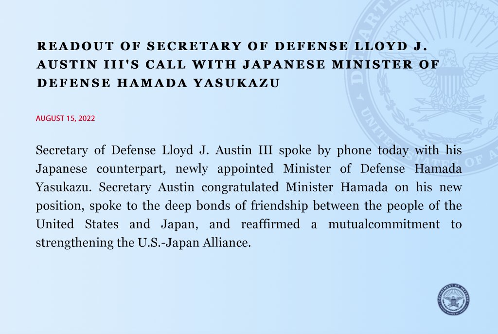 I just spoke with new Japanese 🇯🇵 Minister of Defense Hamada
