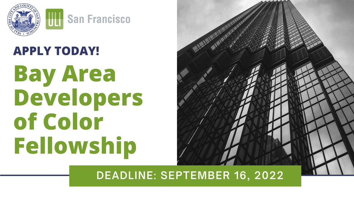 The Bay Area Developers of Color Fellowship is accepting applications for its 2022-23 cohort. This Fellowship is designed to advance equitable housing policies and support developers of color.

Applications are open through Sept. 16, 2022. Learn more: sf.uli.org/get-involved/d…