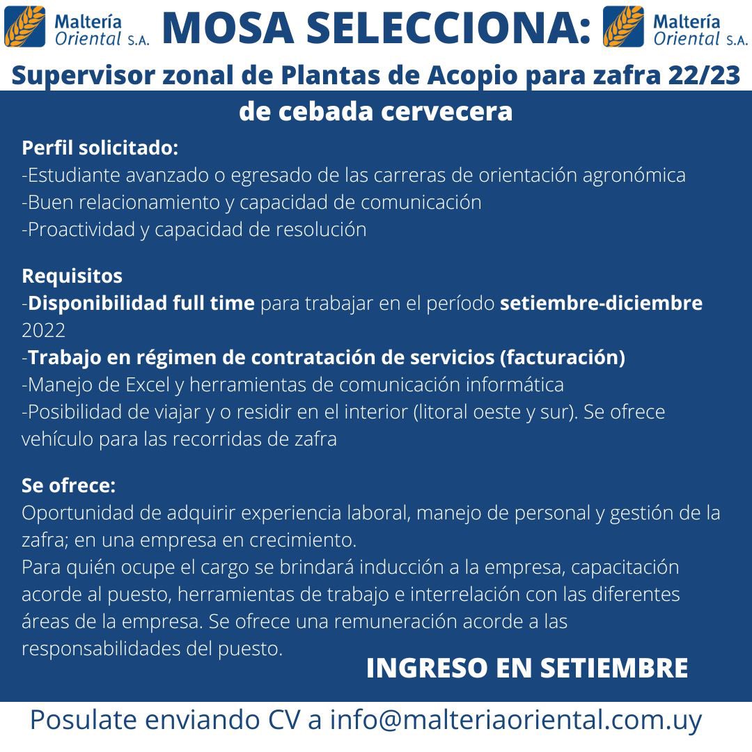Oportunidad laboral en Maltería Oriental!!