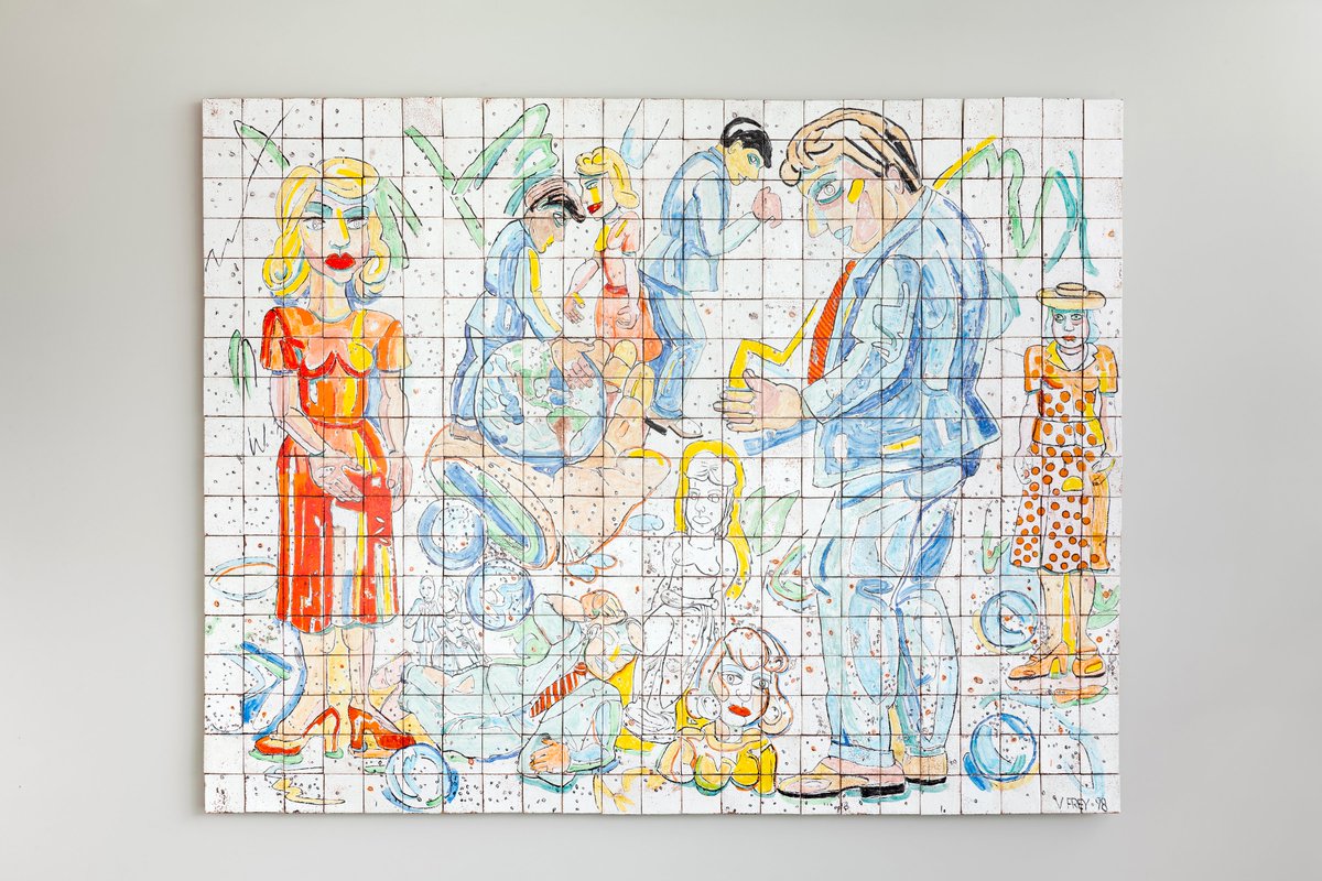 SFOMuseum's tweet photo. Viola Frey (1933-2004) created a vocabulary of figures and objects that form a personal mythology. The suited businessman in her painting “World Civilization” is a symbol of mainstream respectability, and contrasts with the bold, vividly dressed women. #PublicArt #ViolaFrey https://t.co/tSthXuxgCq