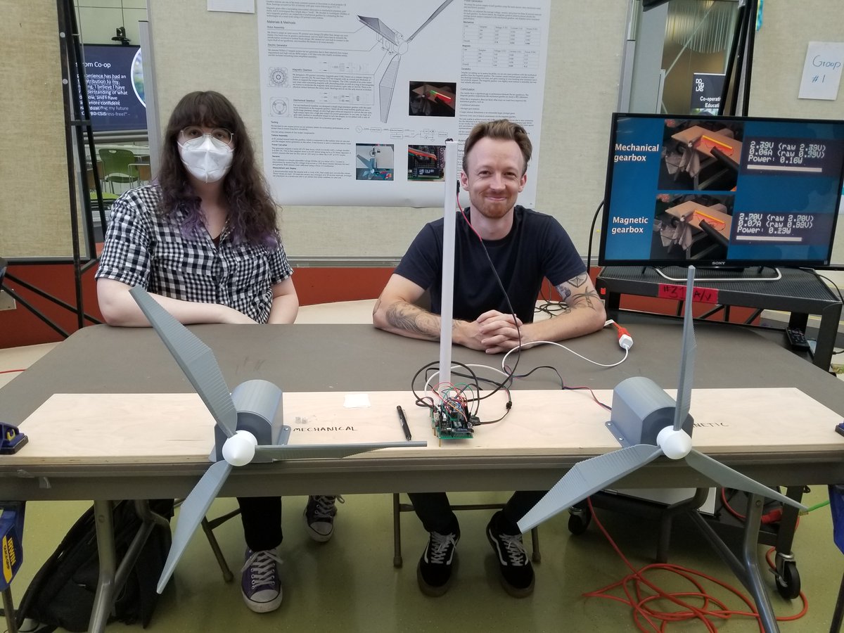 deanofscitech's tweet photo. Engineering @douglascollege student project presentations last week - designing, coding and prototyping. Cameron, Elwin and Erin investigated magnetic vs. mechanical gear drives in wind turbines - very timely topic! https://t.co/SOTHwSG3mC