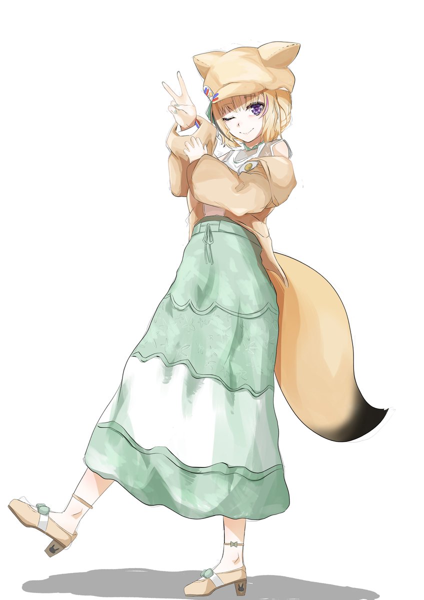 1girl tail solo one eye closed purple eyes fox tail skirt  illustration images