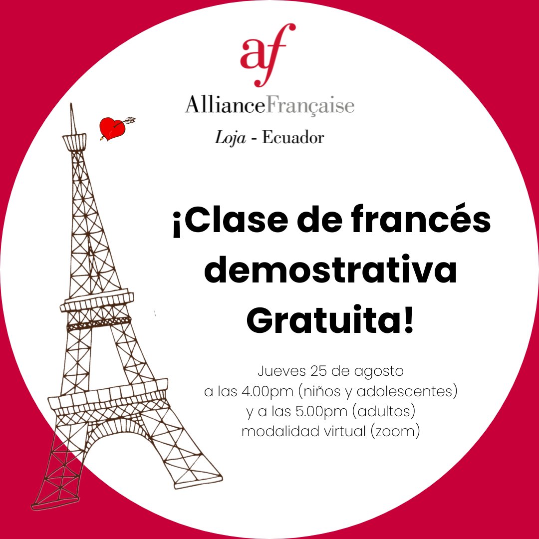 AF_Loja's tweet photo. Sabemos que te gusta el francés, y con esta clase demostrativa gratuita te animarás a seguir un curso con nosotros. Francia y Canada subsidian los estudios superiores. ¿Entonces que esperas? Participa sin compromiso. Inscríbete en el siguiente link https://t.co/WwAhqLeJ3T https://t.co/SkOYBmbQbJ