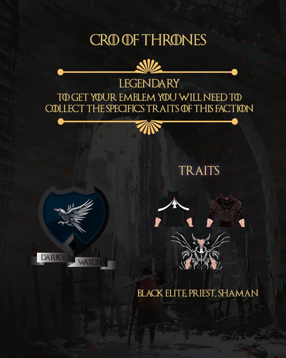 2th Faction: DARK'S WATCH (LEGENDARY)

👑Would you like to have a unique COT faction emblem? It's quite simple!

⚔️Get the 4 traits of this faction and activate us on the discord channel!

🛡️We have 7 factions and many rewards, come meet!

👾DISCORD: discord.gg/sH9JP2q6g8