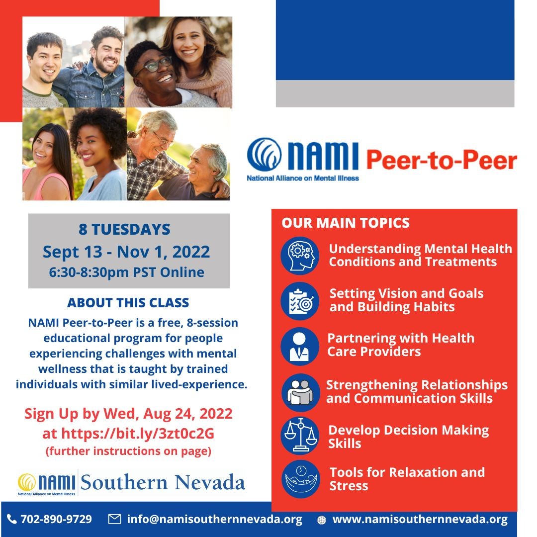 NAMI_Nv's tweet image. #SouthernNevada!  Be sure to check out NAMI Peer-to-Peer: a FREE, 8-session educational program for people with mental health challenges that is evidence-based. 

Deadline to sign up is Wednesday, August 24, 2022.   docs.google.com/forms/d/e/1FAI…