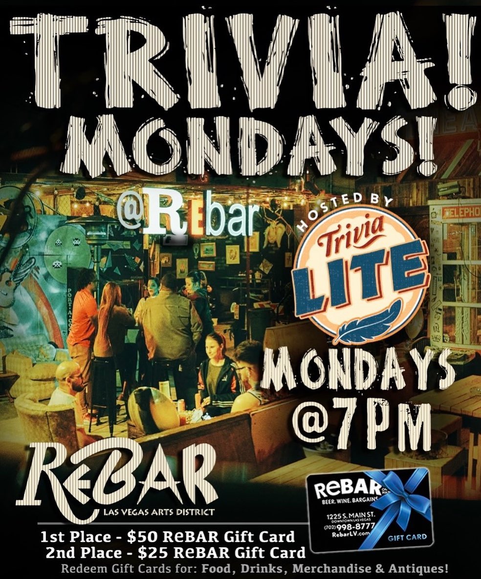 TRIVIA tonight! Come in early to save a seat, have some food and a $3 MYSTERY BEER. Win gift cards just for being smart! See you there!!!

#rebarlv #getdrunkandbuyshit #dtlv #dtlvartsdistrict #localartists #mainstreet #lasvegasmainstreet #lasvegas #trivia