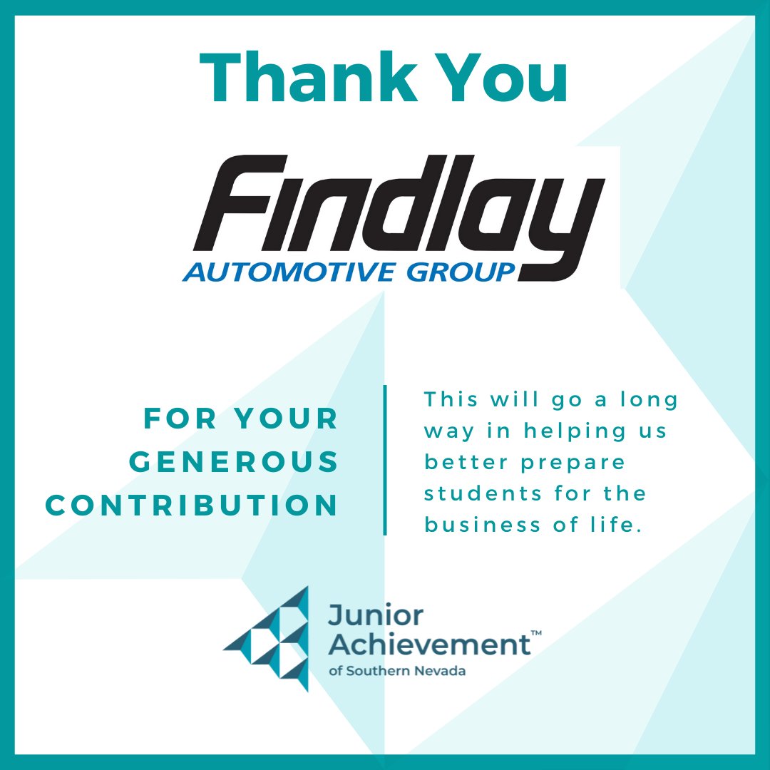 JASouthernNV's tweet image. Together with #FindlayAutoGroup, we are impacting the lives of our local youth. Their
generous donation goes toward teaching financial literacy and helping prepare them to inspire and succeed in a global economy. Thank you
#financialliteracy #workplacereadiness #entrepreneurship