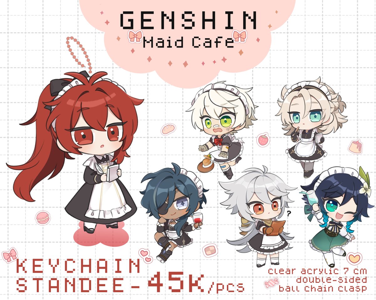 ✨Lilian's CF15 Catalogue✨

🎀Genshin Maid Cafe series🎀

Come and get your own maid bois!😉
🗓️ PO is open until August 22nd! 
🔗 Click here to get your maid bois: https://t.co/1P8LMYljCp

[Shares are very much appreciated🥺🫶]
#Comifuro15 #CF15 #Comifuro #Genshinlmpact 