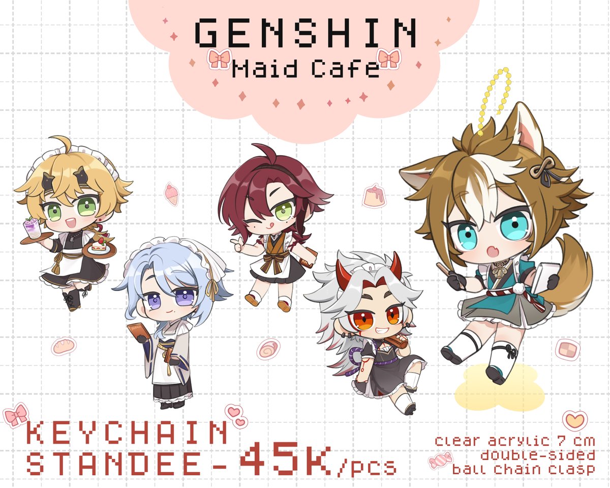 ✨Lilian's CF15 Catalogue✨

🎀Genshin Maid Cafe series🎀

Come and get your own maid bois!😉
🗓️ PO is open until August 22nd! 
🔗 Click here to get your maid bois: https://t.co/1P8LMYljCp

[Shares are very much appreciated🥺🫶]
#Comifuro15 #CF15 #Comifuro #Genshinlmpact 