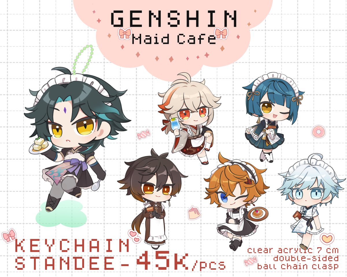 ✨Lilian's CF15 Catalogue✨

🎀Genshin Maid Cafe series🎀

Come and get your own maid bois!😉
🗓️ PO is open until August 22nd! 
🔗 Click here to get your maid bois: https://t.co/1P8LMYljCp

[Shares are very much appreciated🥺🫶]
#Comifuro15 #CF15 #Comifuro #Genshinlmpact 