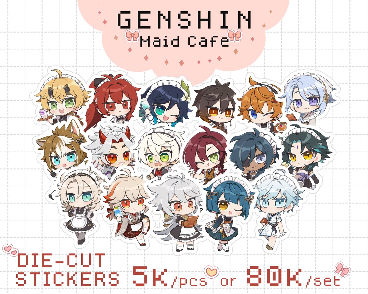 ✨Lilian's CF15 Catalogue✨

🎀Genshin Maid Cafe series🎀

Come and get your own maid bois!😉
🗓️ PO is open until August 22nd! 
🔗 Click here to get your maid bois: https://t.co/1P8LMYljCp

[Shares are very much appreciated🥺🫶]
#Comifuro15 #CF15 #Comifuro #Genshinlmpact 